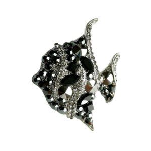 New, silvery grey crystal angelfish fish brooch pin